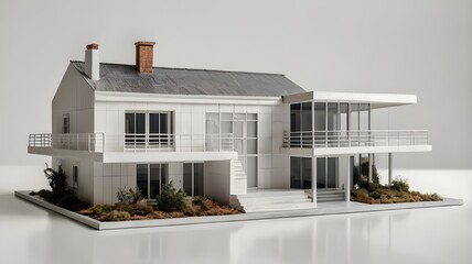 Simple modern white house model, isolated on a transparent background.