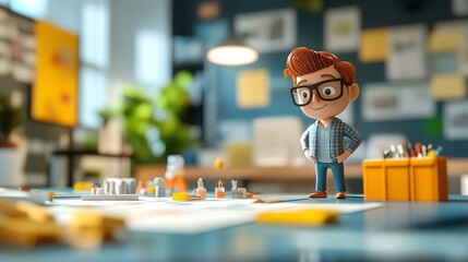 Poster - Cartoon character with red hair and glasses standing at a desk.