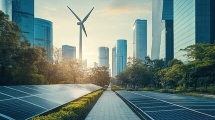 Wall Mural - Solar Panels and Wind Turbine in a City Park