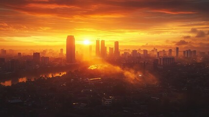 Canvas Print - Cityscape at Sunrise with Golden Sky and Hazy Atmosphere