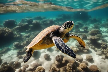 Wall Mural - australia barrier turtle sea swims reef great ocean coral underwater nature ecosystem wildlife natural aqualung animal diving environment tropical scuba salt water photography beautiful