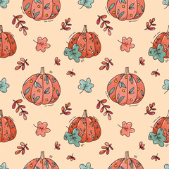 Wall Mural - cute vector seamless pattern with pumpkins