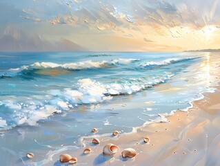 Wall Mural - Serene Beach Sunrise with Gentle Waves and Scattered Seashells Oil Painting Style Landscape