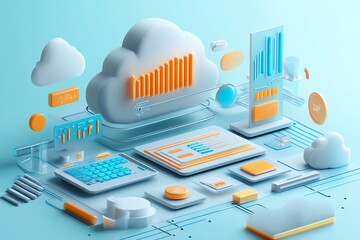 Aufkleber - 3D Cloud Computing Illustration with Data and Network Icons.