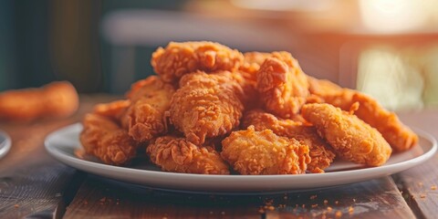 Sticker - Plate of crispy chicken nuggets on table Fast food in restaurant with copy space