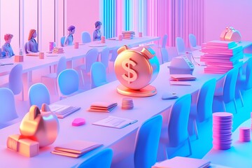 Poster - Business meeting with gold dollar clock.