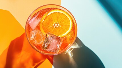 Poster - Refreshing orange cocktail with ice and a slice of orange, casting shadows on a colorful background. Perfect for summer and tropical vibes.