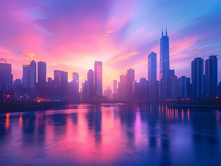 Wall Mural - Captivating city skyline at dawn with vibrant colors and calm river reflection