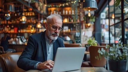 Poster - Focused Business Leader Working Intently on Laptop in Stylish Cafe Environment