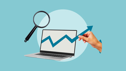 Poster - The hand is holding graph to grow it up from the screen of laptop. Increasing graph. Future trends and Business development to success. Market Research analysis