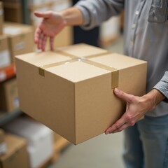 Close-up of a person holding a sealed cardboard box in a storage room.