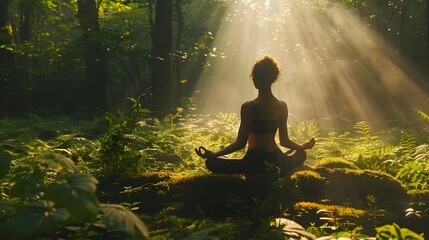 Wall Mural - Silhouetted Figure in Serene Forest Meditating Under Dappled Sunlight