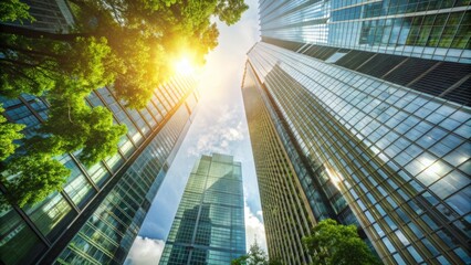 Modern urban glass skyscrapers from below
