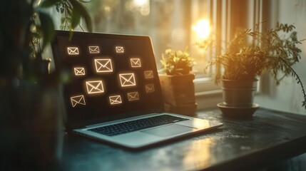 Canvas Print - Laptop with Email Icons on Screen.