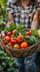 Poster - Freshly picked tomatoes and zucchini in a basket. AI.