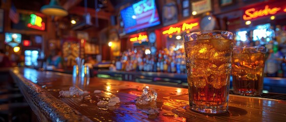 two drinks on a bar counter with a neon lighting and blurred bar background