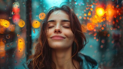 Poster - A woman with closed eyes smiles as rain falls on her face. AI.