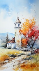 Wall Mural - Watercolor of a modern church in a small village