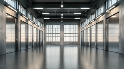 Sticker - Modern Industrial Hallway with Glass Doors and Windows.