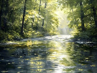 Poster - A serene forest river with sunlight filtering through lush foliage in an oil painting style