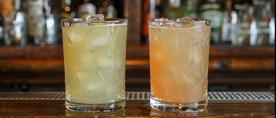 two drinks on a bar counter with a neon lighting and blurred bar background