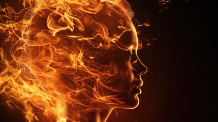 Poster - A silhouette of a woman's profile emerges with vibrant flames, creating an artistic illusion of fire dancing from her head against a dark backdrop