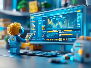 Leinwandbilder - 3D character working on computer with financial data.