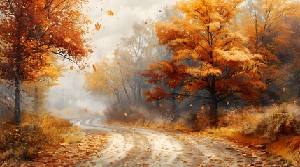 Wall Mural - Serene Autumn Countryside Road with Golden Foliage and Peaceful Atmosphere