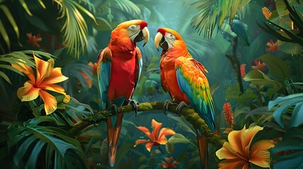 Canvas Print - Vibrant Tropical Rainforest Scene with Exotic Birds and Colorful Flowers in Oil Painting Style