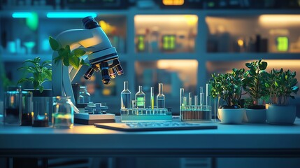 Poster - Microscope and test tubes in a laboratory setting.