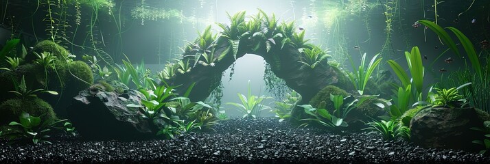  underwater scene for the bank of fish tank, lots of plants, a big arch rock in the middle, black gravel, natural light,