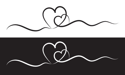 Poster - Banner of two linear hearts together - Pair of two decorative hearts formed by thin line, isolated on white and black background - Design element on love concept. Vector illustration. EPS 10