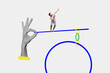 © deagreez - Trend artwork composite image collage of gray color backdrop outdoors black white hand hold platform miniature man stand keep balance