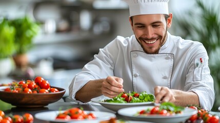 Chef Preparing Fresh Salad With Cherry Tomatoes and Greens in a Modern Kitchen