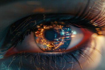 Poster - a close up of a person's eye with a glowing, digital look. the eye is surrounded by a glowing, circu