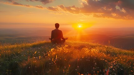 Poster - Solitary Meditation on Hilltop at Serene Sunrise Overlooking Idyllic Landscape