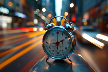 Vintage alarm clock with blurred city background captured at dusk in urban center