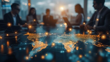 Aufkleber - A group of people are sitting around a table with a map of the world in the center. The map is lit up with a network of glowing dots, giving the impression of a digital world