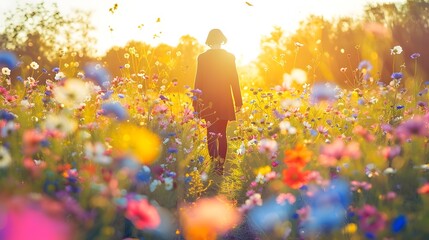 Poster - Solitary Figure Amid Vibrant Wildflowers in Spring Landscape