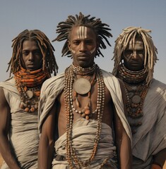 Three men in tribal outfits pose in the desert