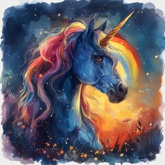 Wall Mural - Cute pink unicorn, rainbow watercolor