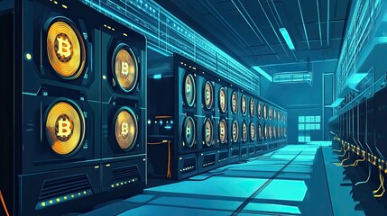 Poster - Bitcoin Mining Farm with Servers and Cryptocurrency Symbol