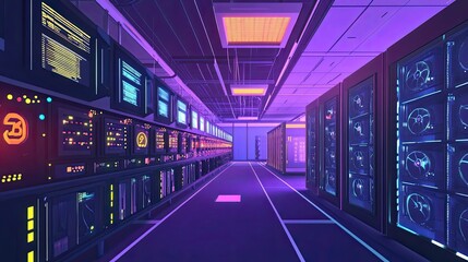 Poster - Neon-Lit Server Room with a Futuristic Aesthetic