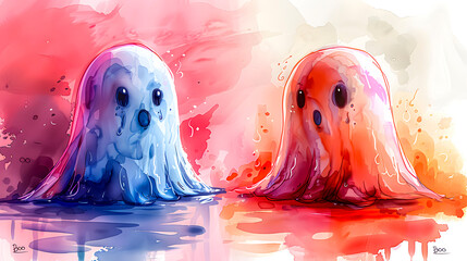 two colorful ghosts with their mouths open Saying booo