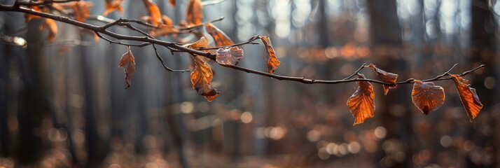 Poster - Dry leaves on a branch in the spring forest with shallow depth of field