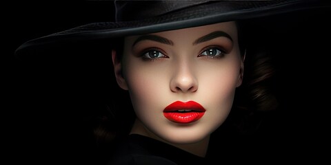 Woman with make-up and red lipstick wearing a black hat fashion portrait