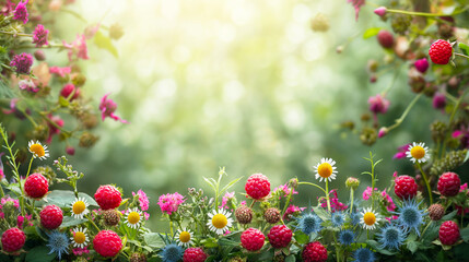 Poster - Close-up of ripe raspberries and wildflowers in a lush garden