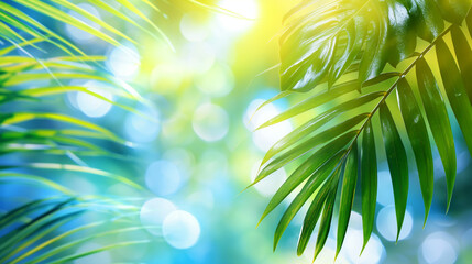 Minimal summer banner with Tropical palm leaves with sunlight and bokeh background. Empty copy space