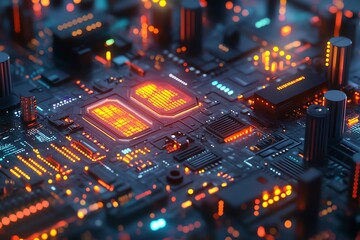 Poster - Futuristic Circuit Board with Glowing Lights.