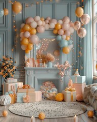 Canvas Print - A festive room decorated with balloons, gifts, and candles. AI.